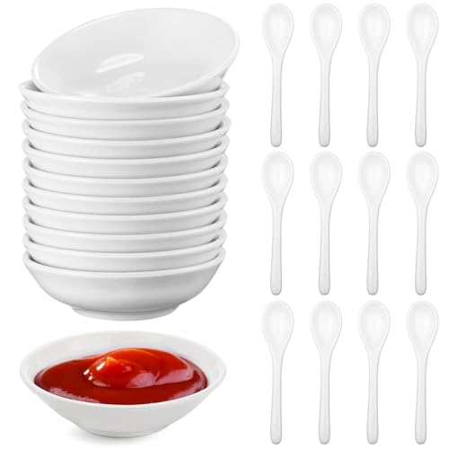 12 Piezas Cuencos Aperitivos, 3x3x0,8inch Redondo Cuencos para Salsa, Cuencos Salsa Soja con Cuchara, Platos Pequeños Aperitivos, Mini Plato de Salsa de Vinagre, Tazones para Salsas de Sushi (Blanco)