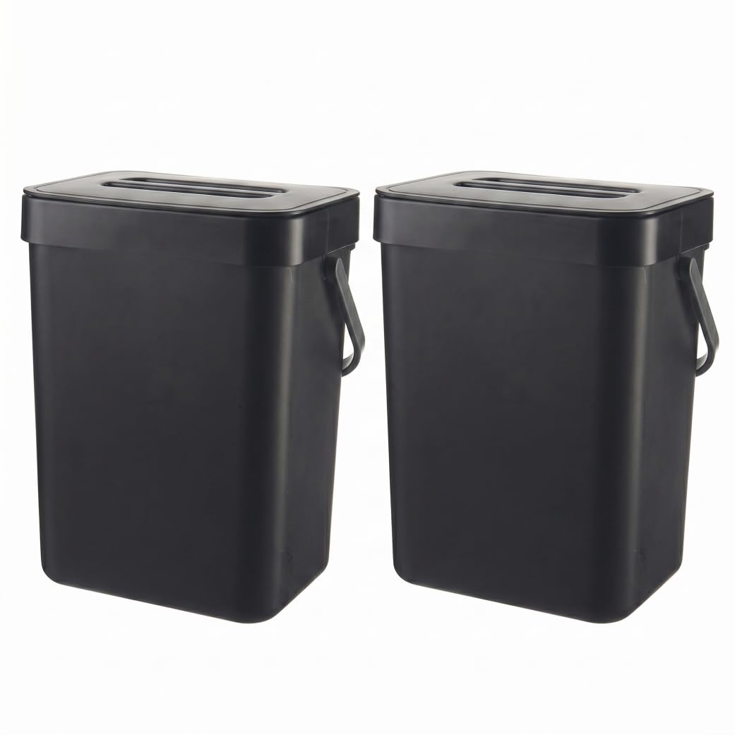 Vistnale Hanging Trash Can|2PCS Hanging Trash Can, 3L Plastic Wall Mounted Kitchen Compost Bin With Lid and Handle, Black