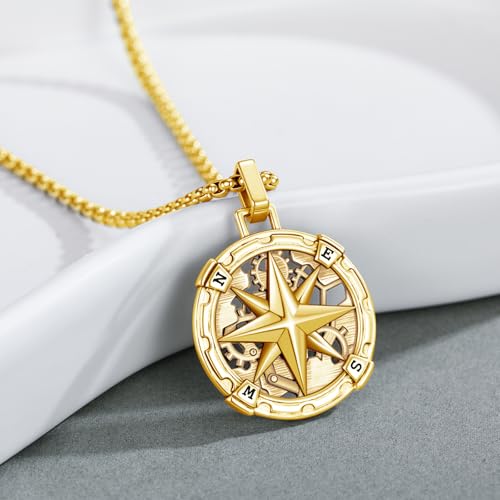 Collier boussole en argent 925 doré et acier avec chaîne réglable