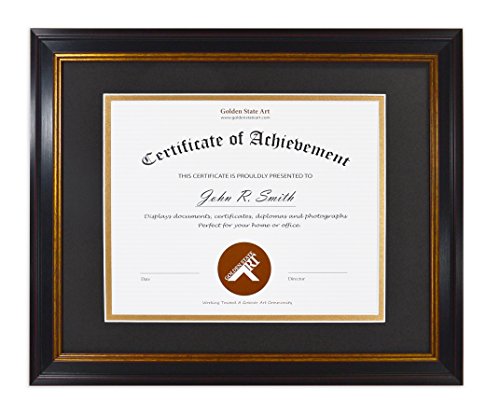 Golden State Art, Frame for Diploma/Certificate, Includes Double Mat and Real Glass (Black Gold & Burgundy Color Frame, Black Over Gold Double mat, 11x14 Frame for 8x10 Certificate)