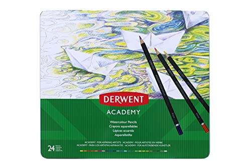 Derwent Academy - Set de 24 Crayons de Couleurs Aquarellables dans une Boîte de Rangement, Utilisables Secs ou Humides, pour Coloriage / Dessin / Illustration, Qualité Professionnelle, 2300226