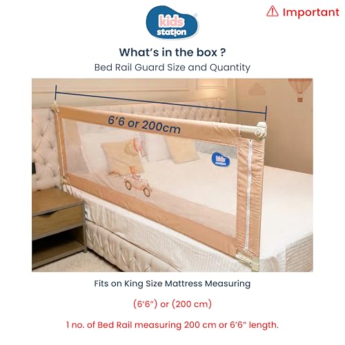 Image of Kids Station 1 Side Premium Bed Rail Guard (6.6ft x 2.6ft / 200cm x 80cm), Bed Railing for Baby Safety, Kids Toddler Bed Protector Side Walls, Adjustable Height, Portable & Foldable (Beige)