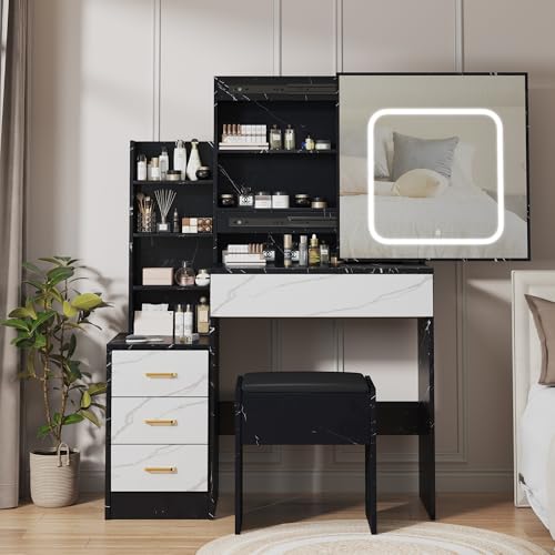 Vanity Desk with Sliding Mirror and Lights, Makeup Vanity Set with 4 Drawers, Stool, Power Outlet, Open Shelves, 3 Color Adjustable Light Modes, Makeup Dressing Table for Bedroom, Marble-Black & White