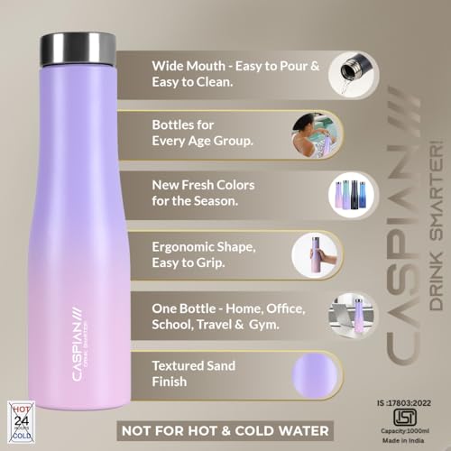 Image of CASPIAN / / / Aqua ISI Certified Stainless Steel Water Bottle 1ltr.(Multicolors, 1 Litre, Set of 6) | Leak Proof Thunder for Fridge Home Office Travel School Kids Boys Girls Adults Sports Gym| BPA Free