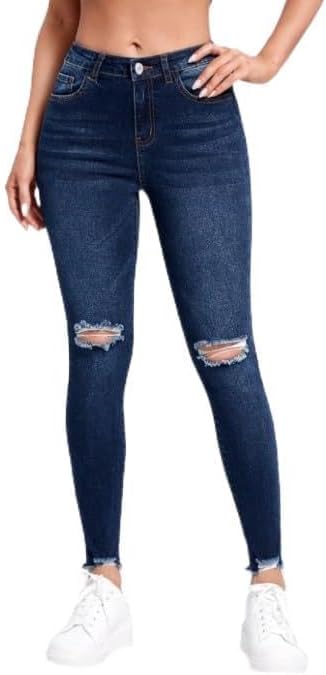 Distressed Slim Skinny Jeans with Raw Cut Edges for Women and Comfortable Wear