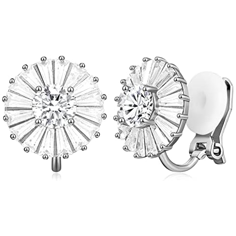 AllenCOCO 14K White Gold Plated CZ Halo Clip On Stud Earrings, Round Cubic Zirconia Hypoallergenic Non Pierced Clip Earrings for Women Jewelry Gifts Cover