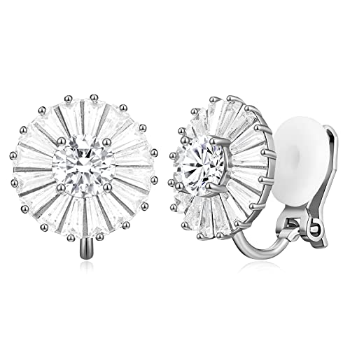 Allencoco 14K White Gold Plated Cz Halo Clip On Stud Earrings, Round Cubic Zirconia Non Pierced Clip Earrings For Women Girls #TOP7