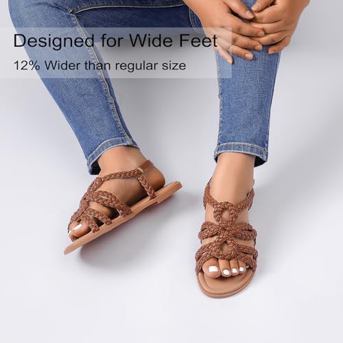 Image of Ruiee Wide Width Sandals for Women, Summer Flat Slides Casual Braided Wide Feet Sandal Comfort Slip on Sandals Open Toe Beach Shoes for Women.