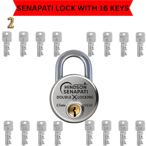 Image of Hindson Same Key Senapati 65mm Round Padlock, Pack of 4 with 16 Same Keys, Hardened Shackle, 10 Lever Mechanism, Heavy Duty, Double Locking Security Lock for Gates, Doors & Shutters (Silver)