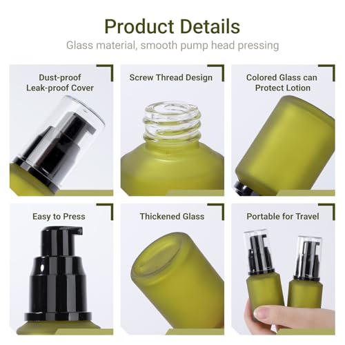 Image of Segbeauty 1oz Frosted Glass Empty Travel Size Bottles for Creams, 3pcs Refillable Lotion Pump Bottle Dispenser, 30ml Liquid Travel Containers, Green Mini Lotion Container Foundation Pump Dispensers