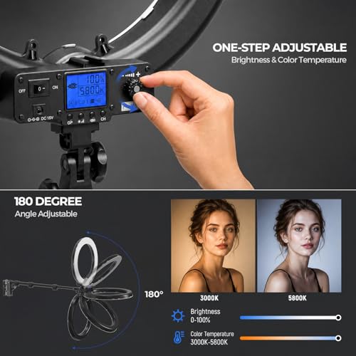 Image of 18 Inch Ring Light with Wall Mount Stand, Bi-Color LCD Display 55W 3000-5800K CRI≥97 Light Ring for Video Recording /Photography /Beauty Shop /Tattoo /Barber