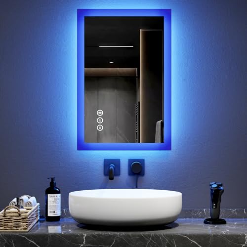 EMKE Backlit Bluetooth Bathroom Mirror with Shaver Socket - Blue Atmosphere 40x60cm Bathroom Mirror with Led Lights, Dimmable & 3 Colors, Anti-Fog, Memory Function for Living Room, Dressing room