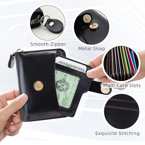 Credit Card Wallet, Minimalist PU Leather Mens Wallet with Zipper Card Case with 9 Card Slots 2 Cash Slots (Black)3