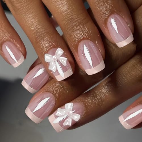 VOTACOS Mirror Pink French Tip Press on Nails Short Square Acrylic Fake Nails Press Ons with Glue 24PCS Chorm Glue on Nail with Design Cute 3D Bow Stick on False Nail for Women and Girls