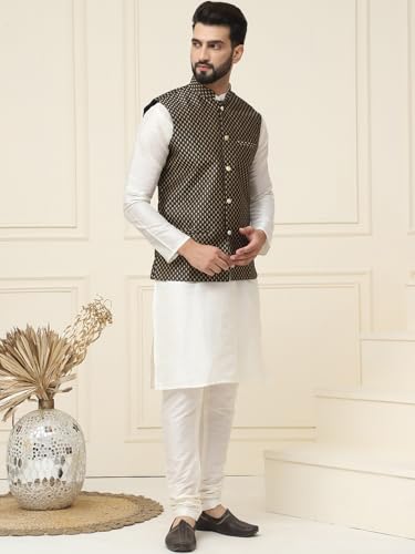 Image of SOJANYA (Since 1958 Men's Silk Blend Kurta Pyjama & Self Design Nehru Jacket Combo