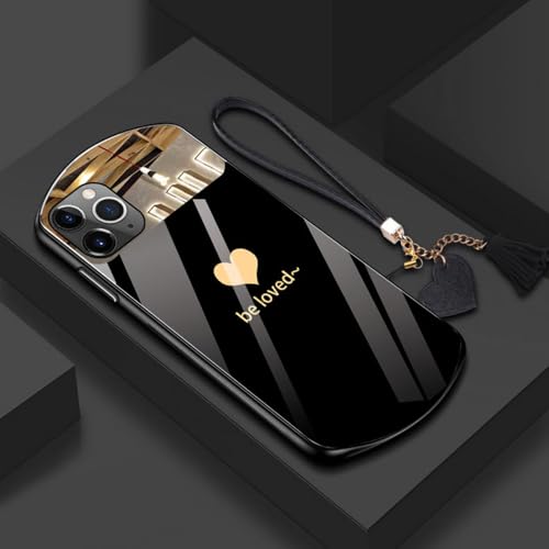 Coque en verre trempé cœur pour iPhone 15 Pro avec miroir et lanière - Noir