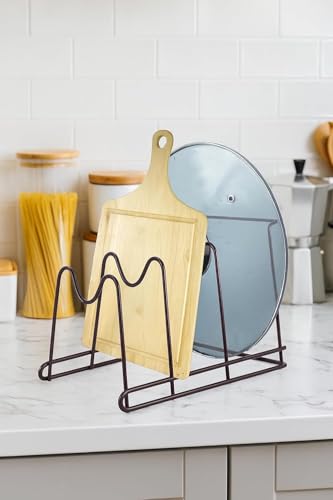 Image of inchBlack Iron Kitchen Organizer Rack - 3 Compartment Dish Rack, Pan & Tawa Stand, Pot Lid Holder, Chopping Board and Utensil Organizer for Countertop (6.5 x 7.5 x 7.75 Inches) inch