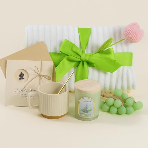 Self Care Gift Baskets for Women Mom Wife Sister, Birthday Gift Relaxing Spa Gift with Blanket, Scented Candle, Handmade Soap,Tulip Artificial Flower, Mug, Greeting Card, Christmas Gifts