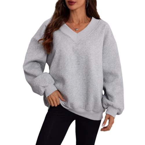 FULILYEO Womens V Neck Oversized Sweatshirts Long Sleeve Pullover Fleece - image 3