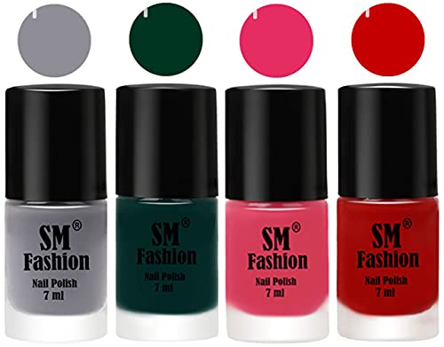 Image of Nail Polish Combo Set (Pack of 4) Quick Dry Gel Finish Nail Paint | Gray,Dark Green,Dark Rose Pink,Orange | 7 ml Each