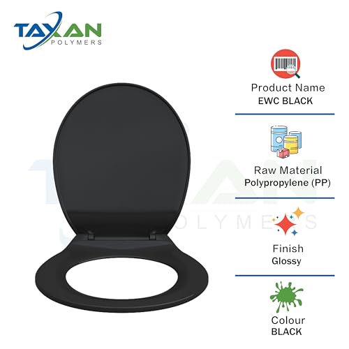 Image of TAXAN Black EWC Toilet Seat Cover (17 x 14.5 in) | Oval Shape, PVC Western Commode Seat with Lid | High Glossy Finish, Sleek Design, Non-Soft Closing Commode Seat Cover with Installation Kit