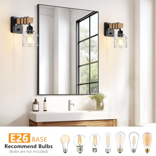 Image of FadimiKoo Wall Sconces Set of Two, Bedside Wood Wall Lamps with Rotary Switch, Black Bathroom Vanity Light with Silver Wire Cage, Rustic Dimmable Sconces Wall Lighting for Living Room, Hallway, Mirror