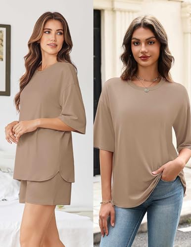 Image of Ekouaer Women's Two Piece Lounge Set Oversized Boxy T-shirt Casual Short Sets Summer Travel Matching Set 2026 Fashion
