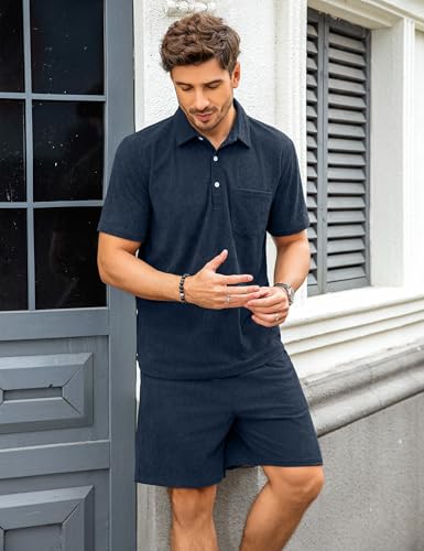 Image of ZAFUL Men's 2 Pieces Sets Outfits Summer Beach Set Short Sleeve Button Down Zip Up Shirt And Short Sets