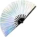 SoJourner Bags Holographic Silver Rave Fan - Large Folding Clack Fan for Men and Women - Rave Accessories for EDM, Line Dancing, Cosplay, Concerts and More