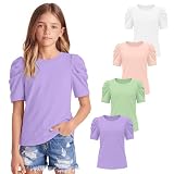 YooAurvox 4 Pack Girls Puff Short Sleeve Shirts Summer Crewneck T Shirts Casual Tops Loose Basic Solid Blouses 5-14 Years(White, Apricot Pink, Light Green, Taro Purple,9-10 Years)