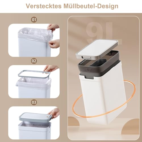 MOPUP Kleiner Badezimmer-Mülleimer mit Deckel, 9 l/2,4 Gallonen, schmaler Mülleimer, Papierkorb aus Kunststoff mit aufklappbarem Deckel, hundesicher für Badezimmer, Küche, Schlafzimmer, Wohnzimmer