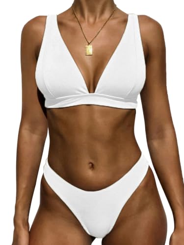 Image of Bathing Suits for Women Deep V Neck Sexy Two Piece Bikini Sets for Women Thong Halter Cheeky Swimsuit (US, Alpha, Medium, Regular, Regular, White)