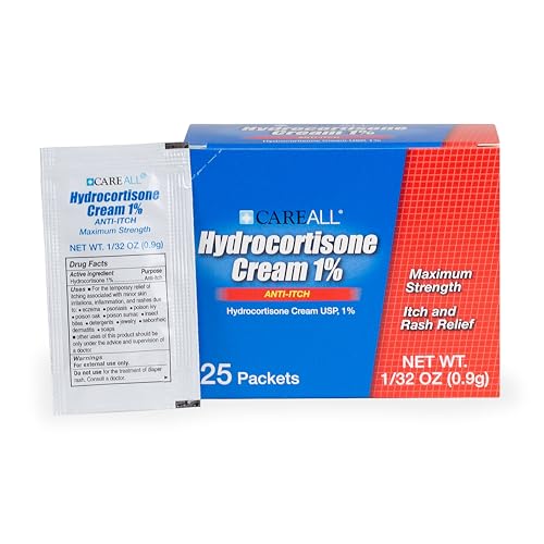 CareAll Hydrocortisone Cream 1% (25 Pack) 0.9gr Foil Packet. Maximum Strength Formulation Anti-Itch Rash Skin Cream Relieves Itching Eczema Insect Bites Poison Ivy and Psoriasis