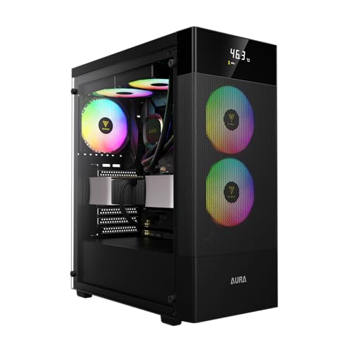 Gabinete Gamer Gamdias Aura GC5 Elite na cor preta com painel lateral de vidro, três ventoinhas frontais com iluminação ARGB e display digital no topo