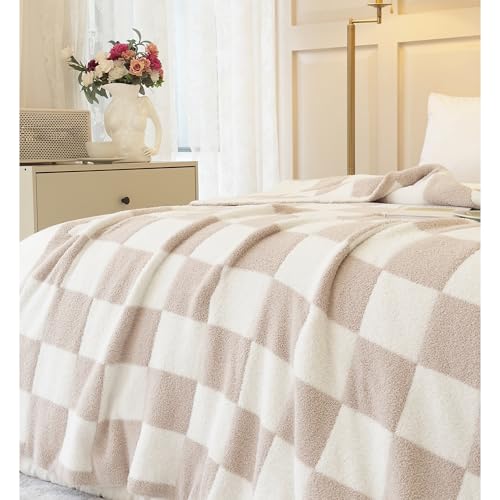 Image of Ultra Soft Cozy Checkered Knitted Throw Blanket Fluffy Microfiber Checkerboard Bed Blanket Lightweight Both Sides Blanket for Couch Sofa Bed (Cream, Throw 50 inchx60 inch)