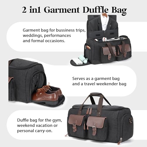 Canvas Garment Bags for Travel, Convertible Carry On Garment Duffel Bag for Men Women, 2 in 1 Suit Bag Hanging Suitcase Business Travel Bag with Shoe Compartment (Black, L)3