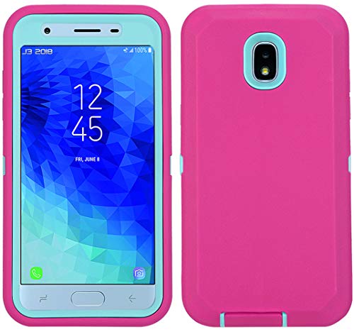 Annymall Galaxy J3 2018 Case, Heavy Duty Defender Armor Cover with Swivel Belt Clip & Built-in Screen Protector for Samsung J3 2018/ Galaxy Amp Prime 3/ J3 Achieve/ J3 Star/ J3V (2018) (Pink/Mint)