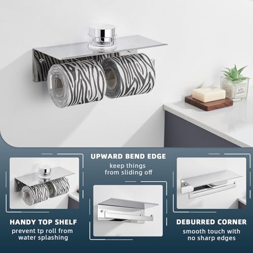 Image of Angle Simple Double Toilet Paper Holder with Shelf, Polished Chrome
