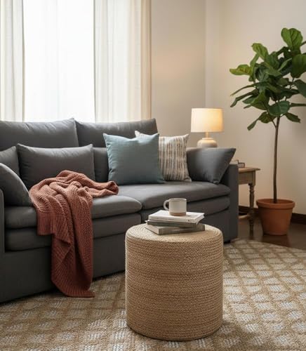 Image of Cotton Dori Ottoman Pouf for Seating|Cotton Dori Pouffe for Footrest Filled with Bean Balls|Ottoman Pouf Stools for Living Roombedroom, 30D x 30W x 30H Centimeters Beige