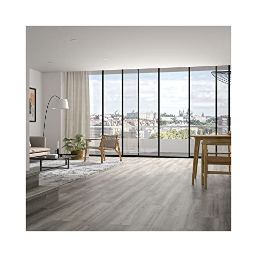 Tarima flotante Purefloor resistencia AC5. Espesor 8mm. Uso intensivo doméstico o comercial normal. Paquete de 2,324 m² con 9 tiras de 1331x194mm. Reacción al fuego Cfl-s1. Color roble glaciar