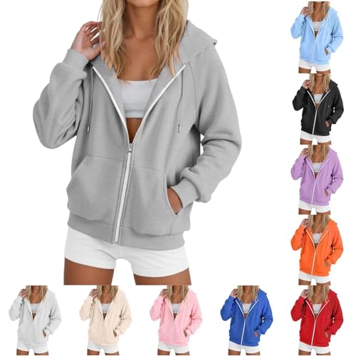 Grey Hoodie For Women Fall Clothes, Zip Up Hoodie Women Lightweight Jacket Oversized Sweatshirt Solid Color Fall Clothes Long Sleeve Loose Fit Cute Tops #Grey Large