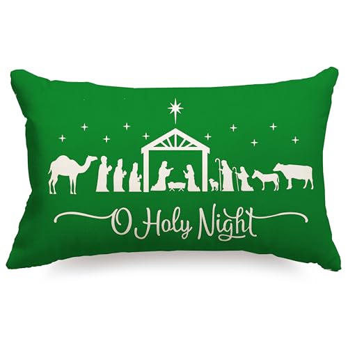 JXZYGMD Green Christmas Pillow Covers 12x20 Merry Christmas Cross Joy Oh Holy Night Throw Pillow Cover Decorations Pillow Covers Farmhouse Pillows Decorative for Sofa Winter Home Decor