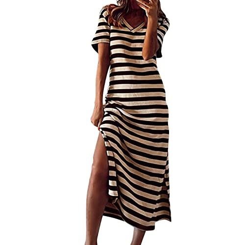 BFSWL Vestido de verano a rayas para mujer, manga corta, estilo midikelid, moderno, cuello redondo, vestido de verano, corte holgado, vestido informal, caqui, XL