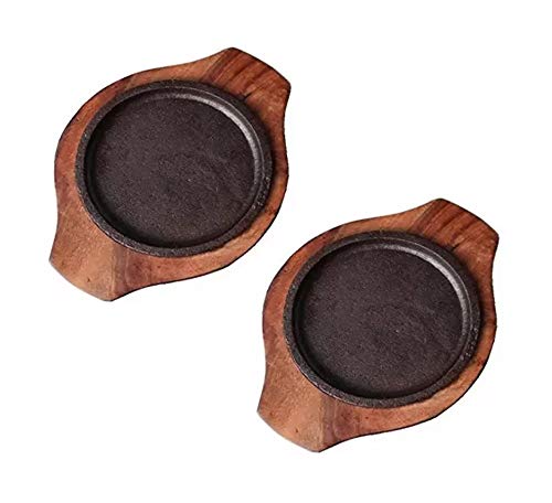 Image of HAINE Small Dessert Serving Plate Brownie Sizzler Tray with Wooden Base, 5 inch (2 Piece)