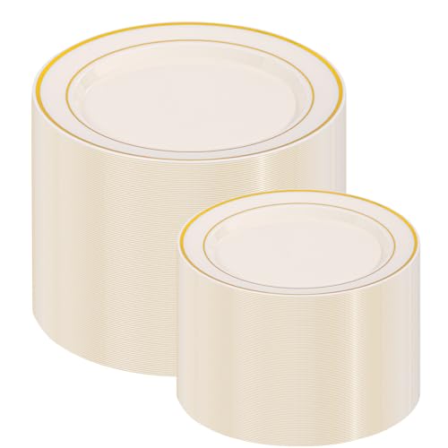 I00000 200 Pcs Gold and Ivory Plastic Plates, Ivory Disposable Party Plates Include 100 Dinner Plate 10’’ and 100 Plastic Dessert Plate 7’’ Perfect for Birthday, Party & Wedding