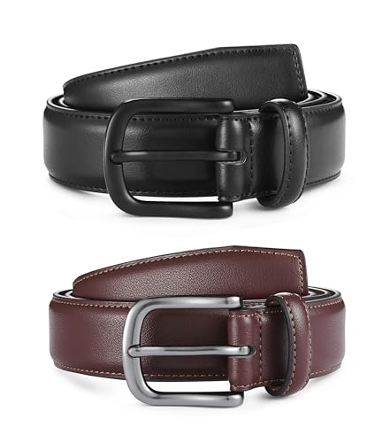 Image of MILORDE Men's Leather Dress Belt 2Pack, Handmade, Genuine Leather, Fashion & Classic Designs for Work Business and Casual