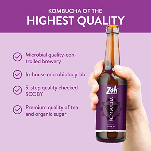 Image of Zoh Probiotics Liquid Kombucha: Variety Pack(330MG,Pack Of 4)Floral,Mint,Turmeric Kombucha,& Ginger Lemon Water Kefir. Only Real Ingredients. No Nature-Identical Flavours. Unfiltered With Mother