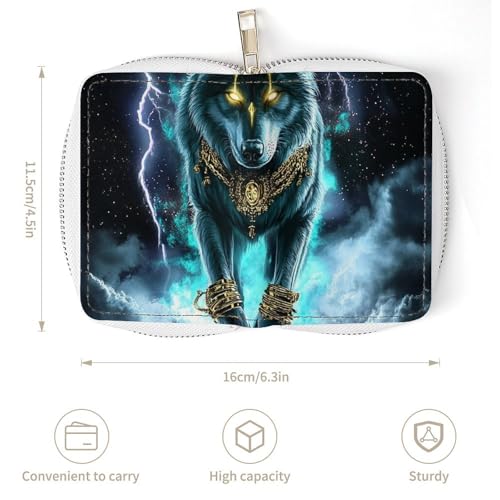 Fashion Small Zipper Wallet for Men Women, Pu Leather Credit Card Holder Bags Cool Lightnings Cyan Wolf Slim Purse with 20 Slots3