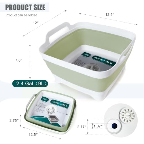 Image of FOSJGO Collapsible Dish Basin with Drain Plug, 2.4 Gal (9L) Space-Saving Foldable Sink, Wash Basin for Kitchen, Baby Bottles, Vegetable Washing, Camping, RV and Party Beverage Tubs (Light Green)