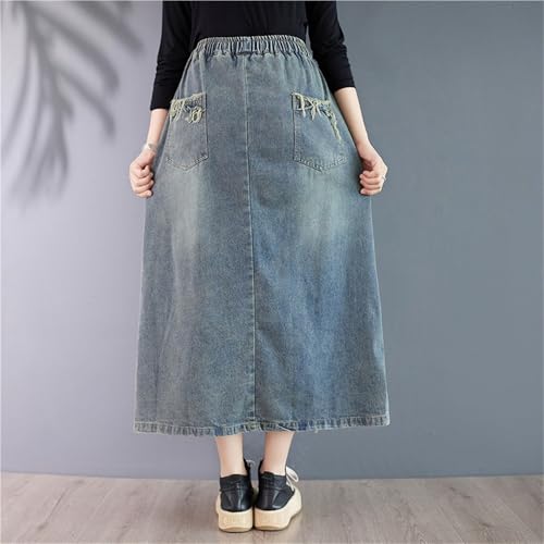 Women's Ethnic Style Floral Embroidered Denim Skirt Fashion Raw Edge A-line Midi Skirt High Waist Casual Loose Skirts3
